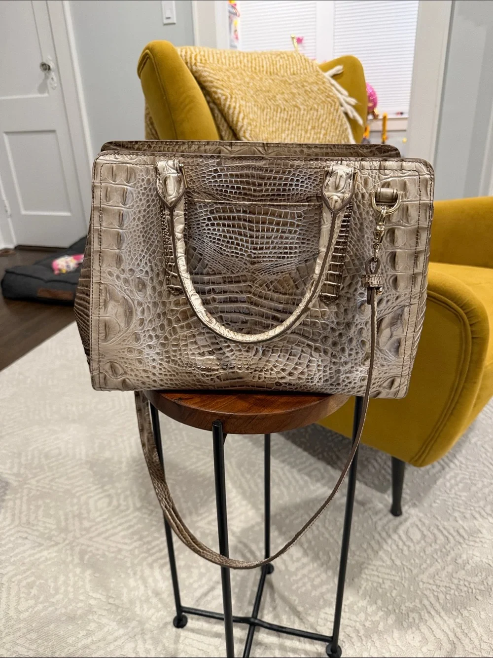 Brahmin Taupe Croc-Embossed Leather Satchel with Detachable Strap